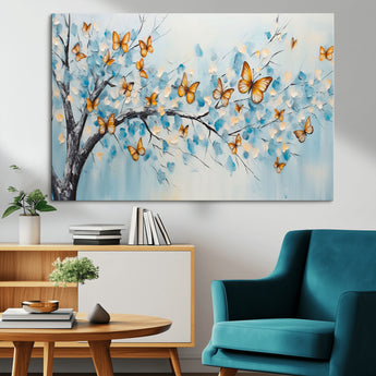 59455-MGV-CV-36X24-Butterfly Tree Branch Wall Art – Blue and Yellow Abstract Canvas Print, Modern Nature Artwork for Living Room, Bedroom or Office