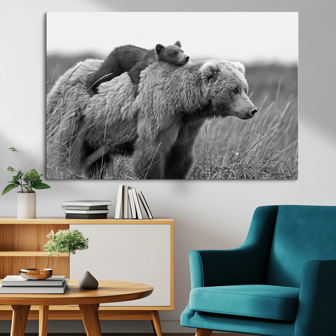 76338-MGV-CV-36X24-Mother Bear and Cub Wall Art – Black and White Wildlife Canvas Print, Rustic Nature Photography for Cabin, Living Room or Office