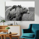 76338-MGV-CV-36X24-Mother Bear and Cub Wall Art – Black and White Wildlife Canvas Print, Rustic Nature Photography for Cabin, Living Room or Office
