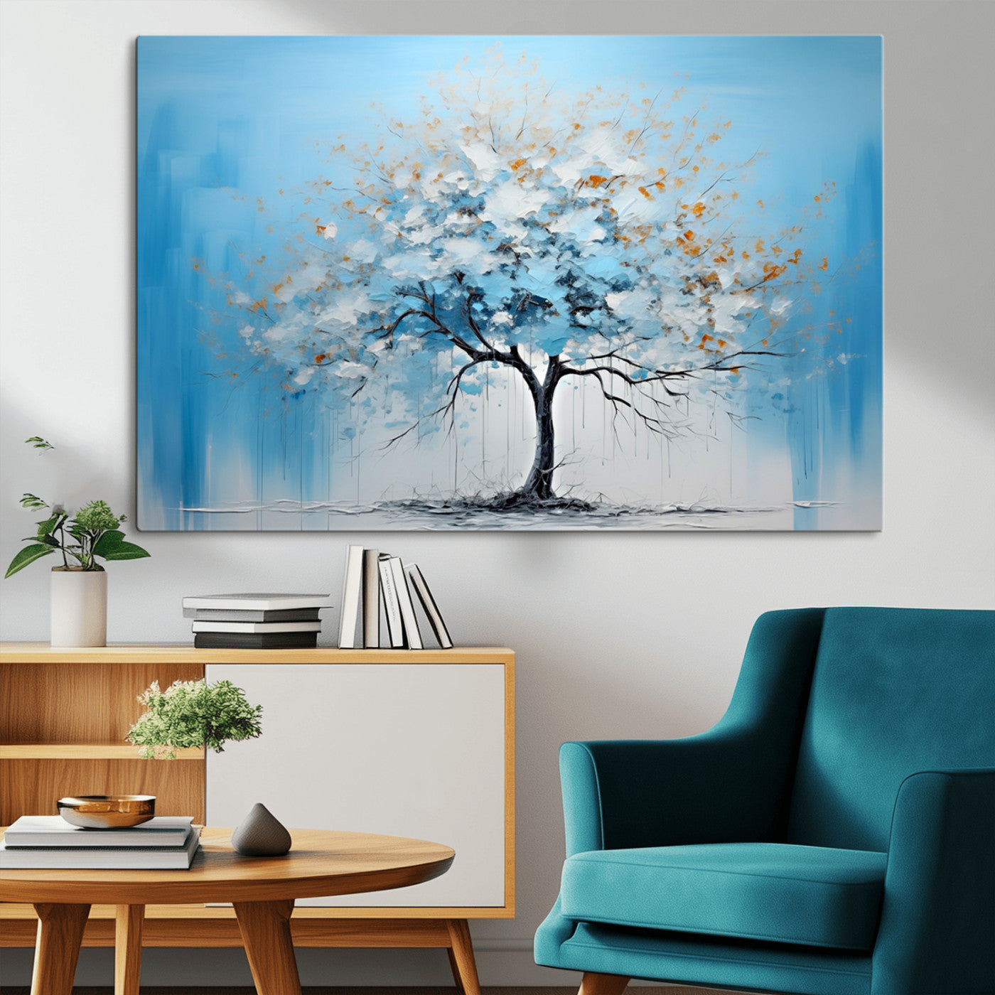 25021-MGV-CV-36X24-Abstract Tree Wall Art – Blue and White Canvas Painting with Gold Accents, Modern Nature-Inspired Artwork for Living Room, Bedroom