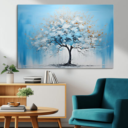 25021-MGV-CV-36X24-Abstract Tree Wall Art – Blue and White Canvas Painting with Gold Accents, Modern Nature-Inspired Artwork for Living Room, Bedroom