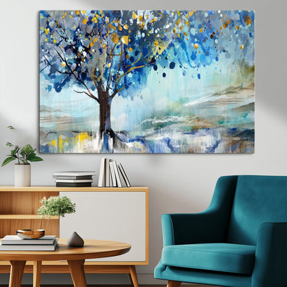 17018-MGV-CV-36X24-Abstract Blue Tree Wall Art – Colorful Canvas Painting with Gold and Silver Accents, Modern Nature Artwork for Living Room,