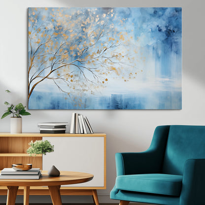 23891-MGV-CV-36X24-Abstract Tree Wall Art – Minimalist Blue and Gold Canvas Painting, Elegant Nature-Inspired Artwork for Living Room, Bedroom or