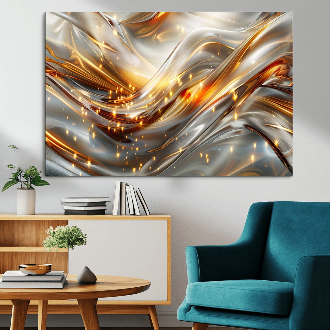 Lines1-MGV-CV-36X24-Abstract Metallic Wall Art – Silver and Gold Wave Canvas Print with Sparkling Accents, Modern Luxury Decor for Living Room, Office