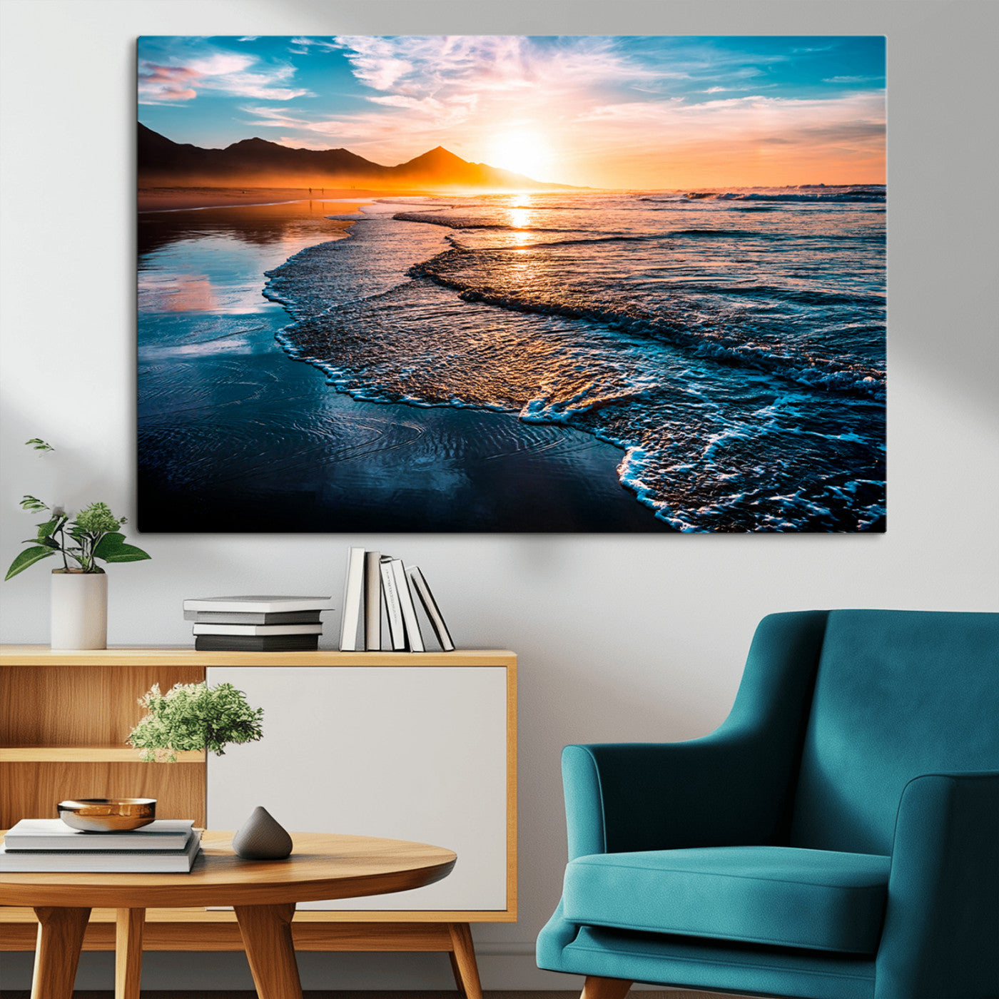 26494-MGV-CV-36X24-Ocean Sunset Wall Art – Scenic Beach Canvas Print with Waves and Mountains, Coastal Seascape Photography for Living Room, Bedroom