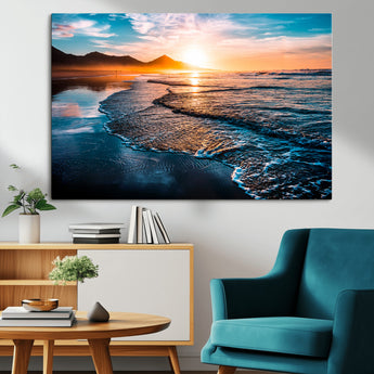 26494-MGV-CV-36X24-Ocean Sunset Wall Art – Scenic Beach Canvas Print with Waves and Mountains, Coastal Seascape Photography for Living Room, Bedroom