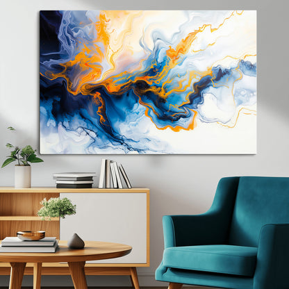83720-MGV-CV-36X24-Abstract Fluid Wall Art – Blue, White and Gold Swirl Canvas Painting, Modern Contemporary Artwork for Living Room, Bedroom or