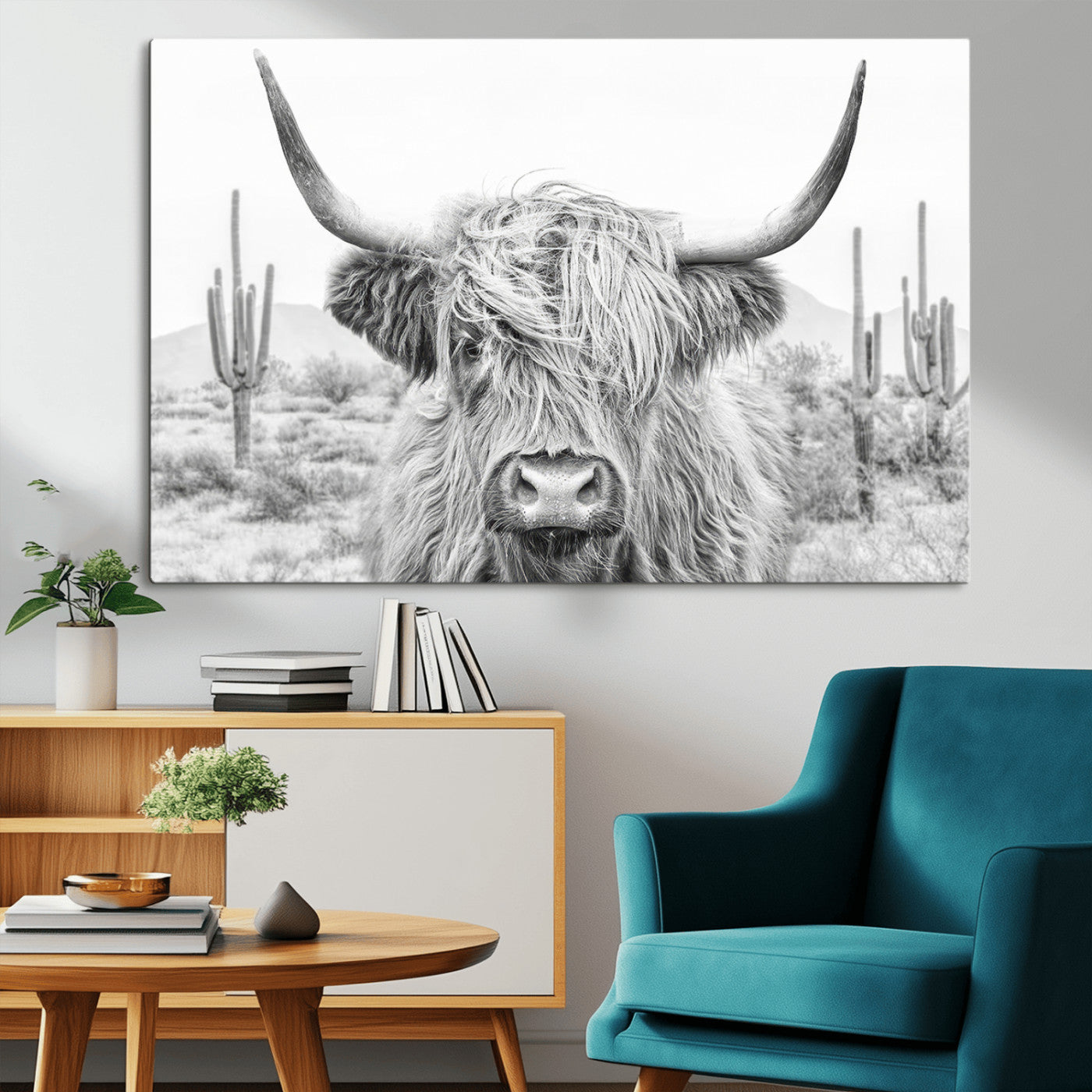 94579-MGV-CV-36X24-Highland Cow Wall Art – Black and White Longhorn Canvas Print, Rustic Western Farmhouse Animal Photography for Living Room,