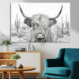 94579-MGV-CV-36X24-Highland Cow Wall Art – Black and White Longhorn Canvas Print, Rustic Western Farmhouse Animal Photography for Living Room,