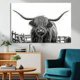 58188-MGV-CV-36X24-Highland Cow Wall Art – Black and White Rustic Farmhouse Canvas Print, Longhorn Cattle Photography Decor for Living Room or