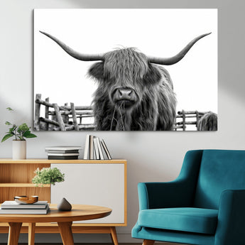 58188-MGV-CV-36X24-Highland Cow Wall Art – Black and White Rustic Farmhouse Canvas Print, Longhorn Cattle Photography Decor for Living Room or