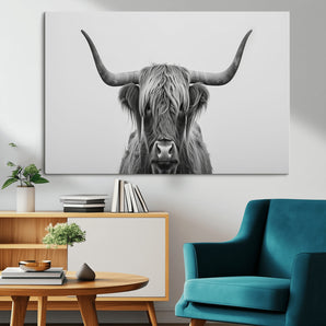 35820-MGV-CV-36X24-Minimalist Highland Cow Wall Art – Black and White Longhorn Cattle Canvas Print, Modern Farmhouse Animal Photography Decor for