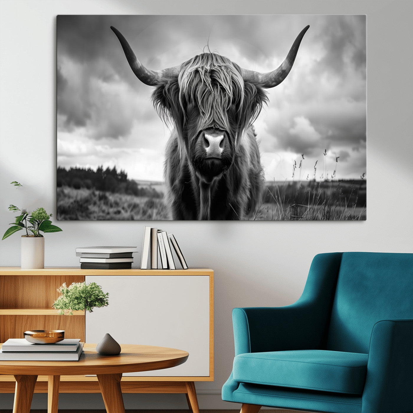 17924-MGV-CV-36X24-Highland Cow Wall Art – Black and White Rustic Longhorn Cattle Canvas Print, Farmhouse Animal Photography Decor for Country Home