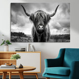 17924-MGV-CV-36X24-Highland Cow Wall Art – Black and White Rustic Longhorn Cattle Canvas Print, Farmhouse Animal Photography Decor for Country Home