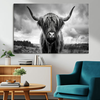 17924-MGV-CV-36X24-Highland Cow Wall Art – Black and White Rustic Longhorn Cattle Canvas Print, Farmhouse Animal Photography Decor for Country Home