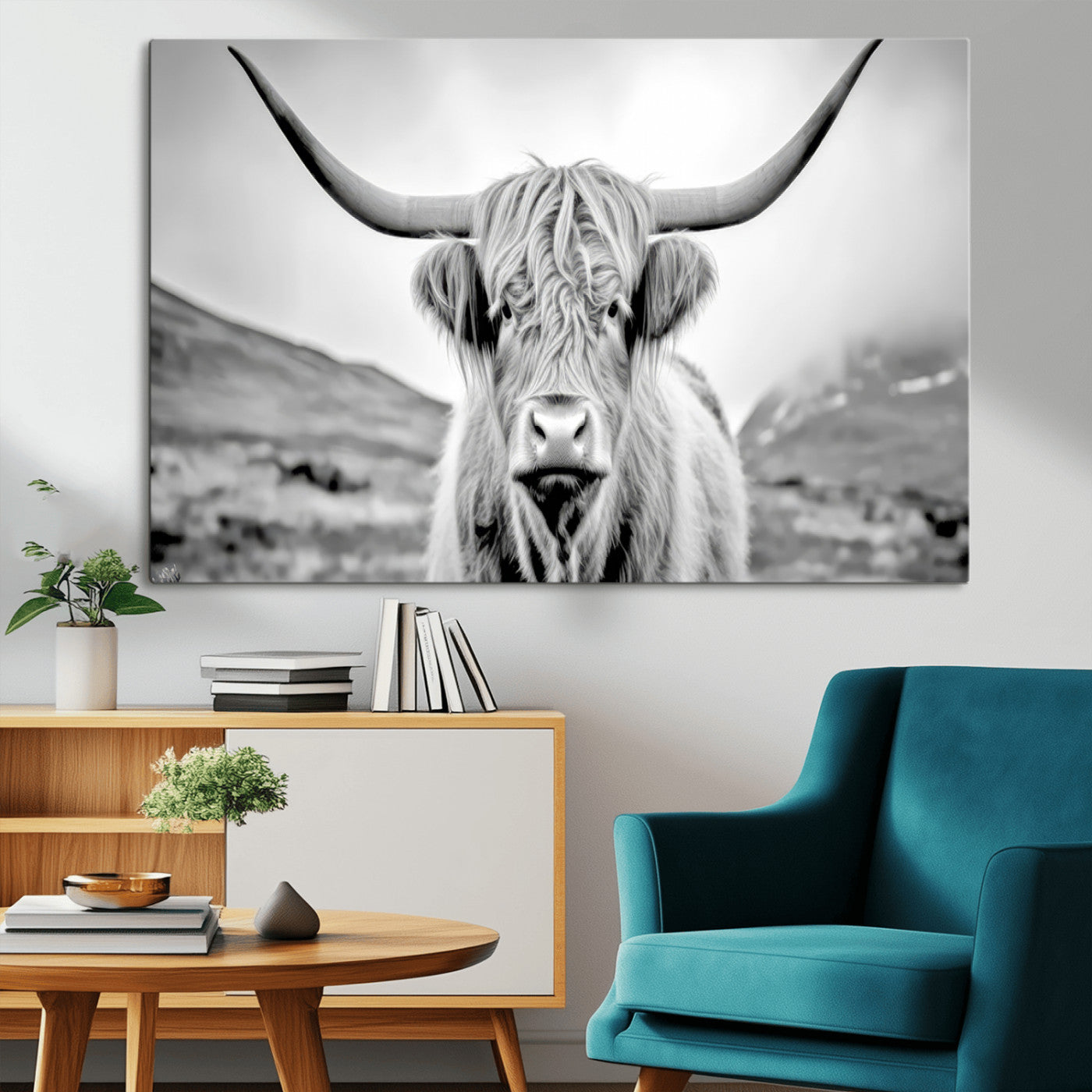 80564-MGV-CV-36X24-Highland Cow Wall Art – Black and White Scottish Highland Canvas Print, Rustic Farmhouse Decor for Living Room, Bedroom or Office