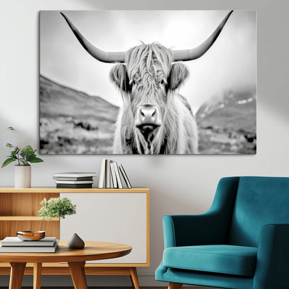 80564-MGV-CV-36X24-Highland Cow Wall Art – Black and White Scottish Highland Canvas Print, Rustic Farmhouse Decor for Living Room, Bedroom or Office