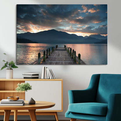 20442-MGV-CV-36X24-Lakeside Sunset Dock Wall Art – Peaceful Mountain Lake Canvas Print, Serene Nature Landscape Decor for Living Room, Bedroom or