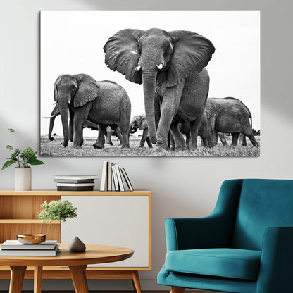 91685-MGV-CV-36X24-Elephant Herd Wall Art – Black and White Safari Canvas Print, African Wildlife Photography Decor for Living Room, Office or