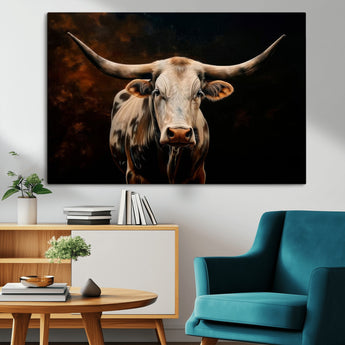 70522-MGV-CV-36X24-Longhorn Bull Wall Art – Striking Canvas Print of Majestic Bull, Premium Animal Decor for Home, Office, Man Cave, or Living Room