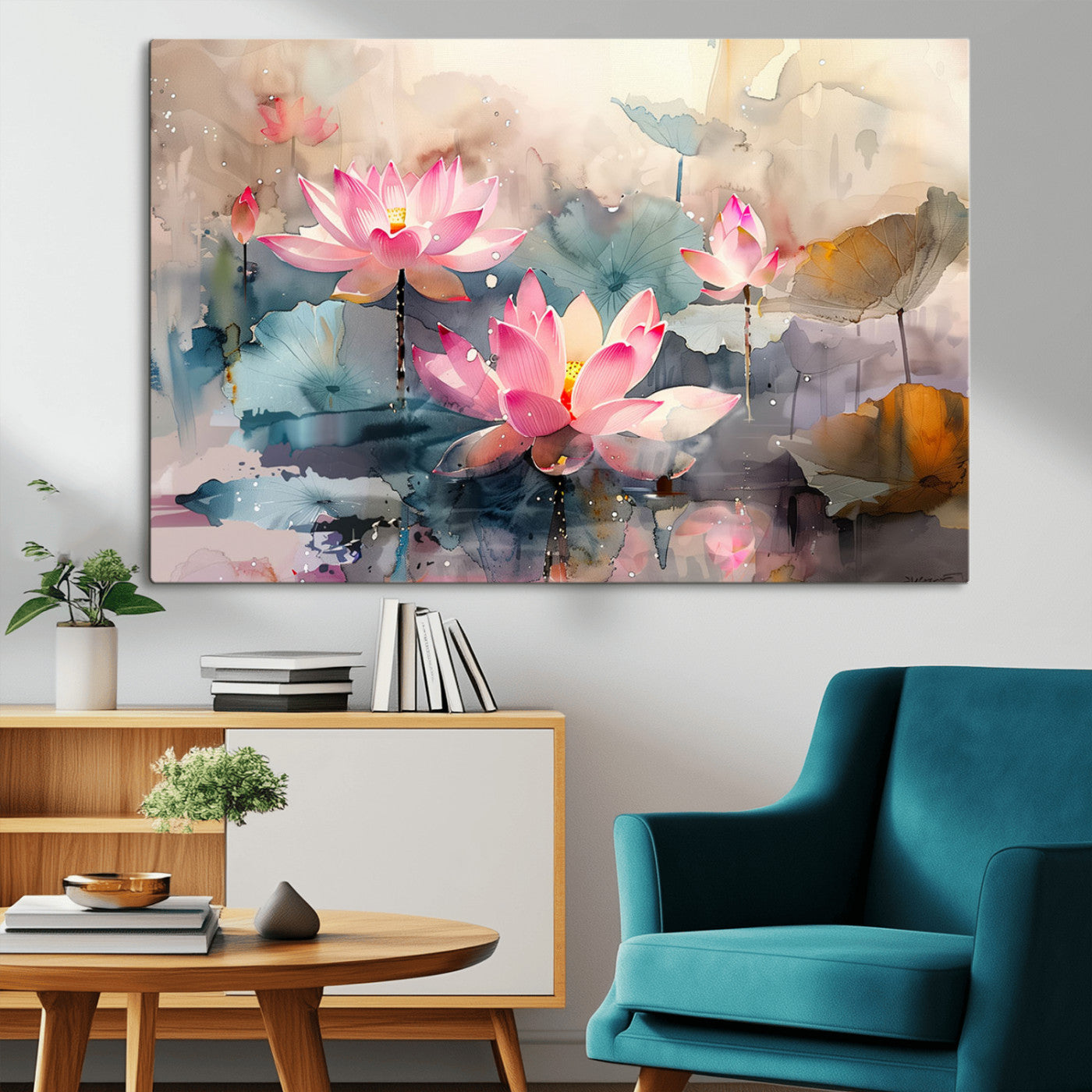27936-MGV-CV-36X24-Lotus Pond Wall Art – Watercolor Pink Lotus Flowers Canvas Print, Tranquil Botanical Artwork for Bedroom, Living Room or
