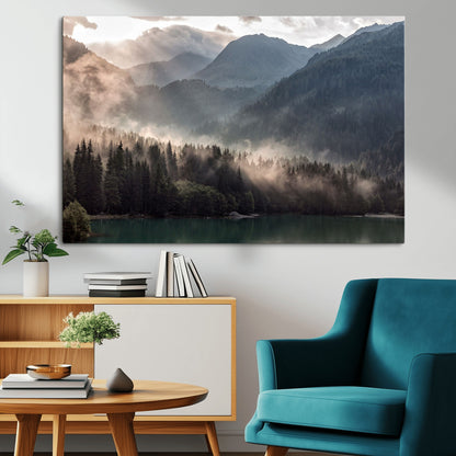 61116-MGV-CV-36X24-Misty Mountain Lake Wall Art – Tranquil Foggy Forest and Lake Canvas Print, Scenic Nature Landscape Decor for Living Room or