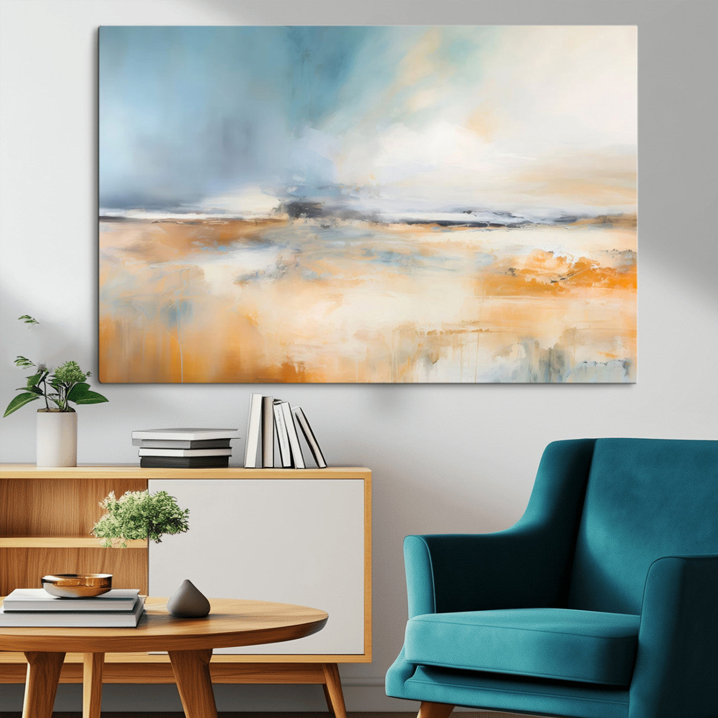 92764-MGV-CV-36X24-Abstract Landscape Wall Art – Modern Blue and Orange Canvas Print, Large Minimalist Painting for Living Room, Bedroom, Office or