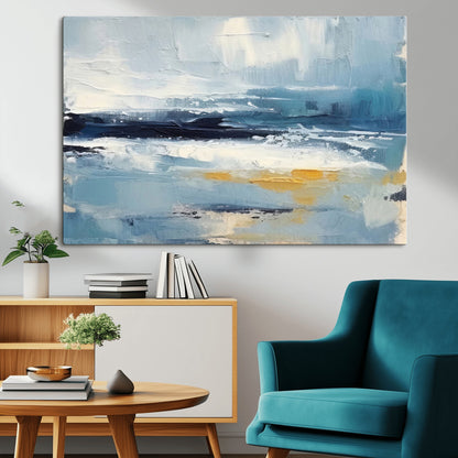19746-MGV-CV-36X24-Abstract Ocean Wall Art – Modern Coastal Canvas Print with Blue, White and Gold Textures, Contemporary Seascape Painting for