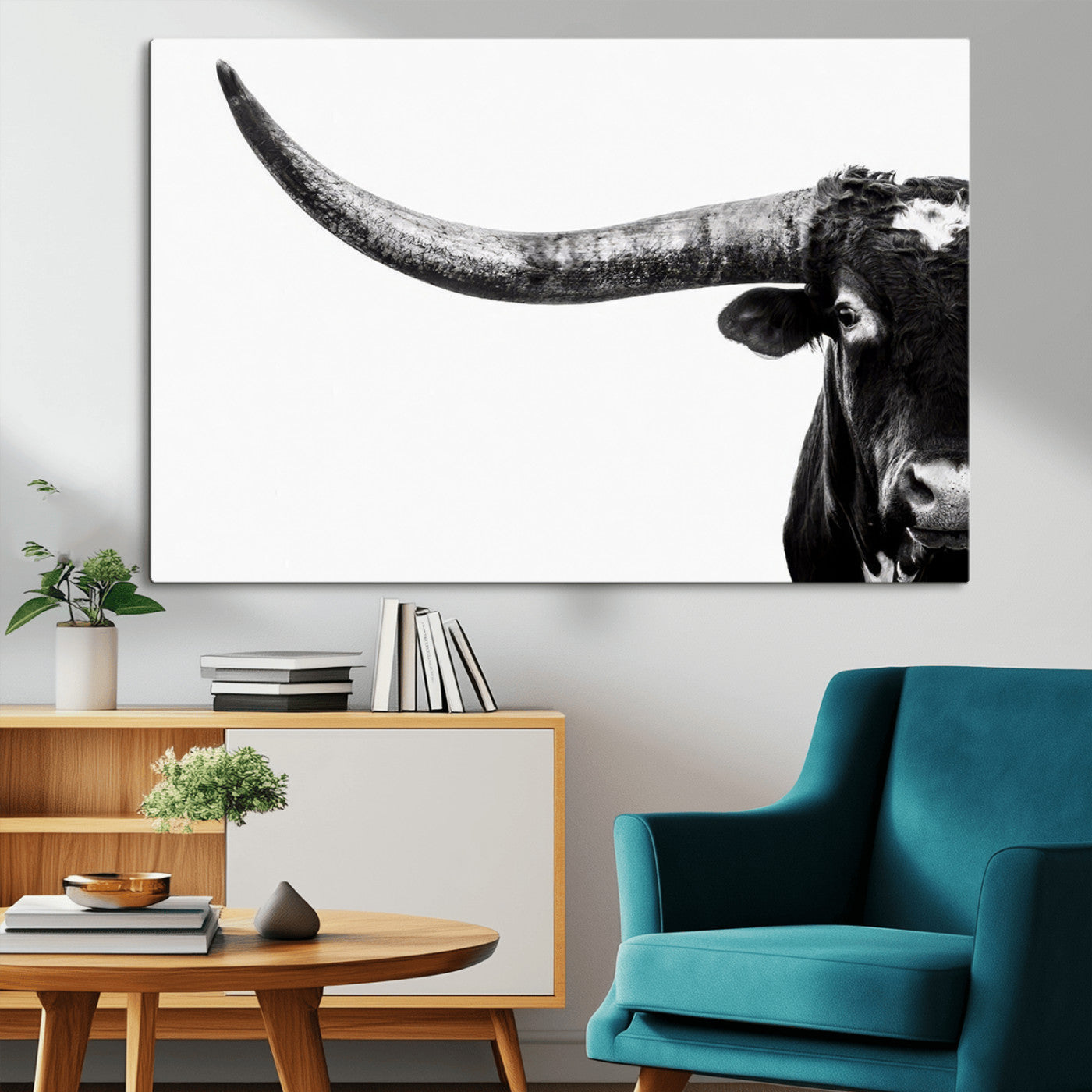 31699-MGV-CV-36X24-Longhorn Wall Art – Black and White Texas Longhorn Cow Canvas Print, Rustic Western Farmhouse Artwork for Living Room, Bedroom or
