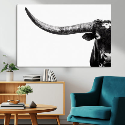 31699-MGV-CV-36X24-Longhorn Wall Art – Black and White Texas Longhorn Cow Canvas Print, Rustic Western Farmhouse Artwork for Living Room, Bedroom or