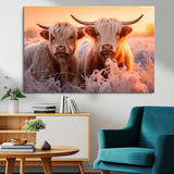 68253-MGV-CV-36X24-Highland Cow Wall Art – Rustic Farmhouse Cattle Canvas Print, Frosty Sunset Animal Artwork for Living Room, Bedroom or Country