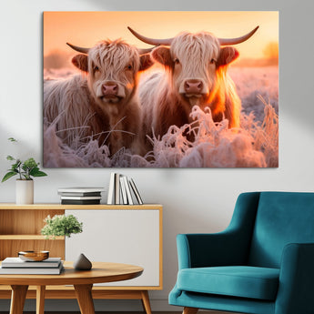 68253-MGV-CV-36X24-Highland Cow Wall Art – Rustic Farmhouse Cattle Canvas Print, Frosty Sunset Animal Artwork for Living Room, Bedroom or Country
