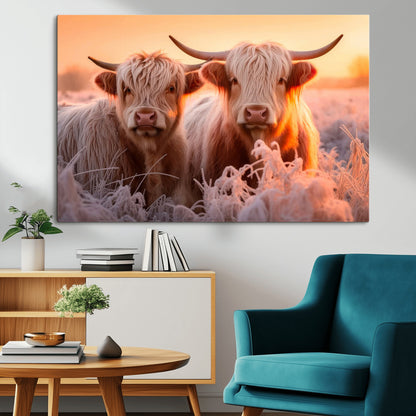 68253-MGV-CV-36X24-Highland Cow Wall Art – Rustic Farmhouse Cattle Canvas Print, Frosty Sunset Animal Artwork for Living Room, Bedroom or Country