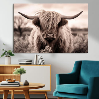 55903-MGV-CV-36X24-Highland Cow Wall Art – Rustic Sepia Scottish Highland Bull Canvas Print, Farmhouse Country Animal Decor for Living Room, Bedroom