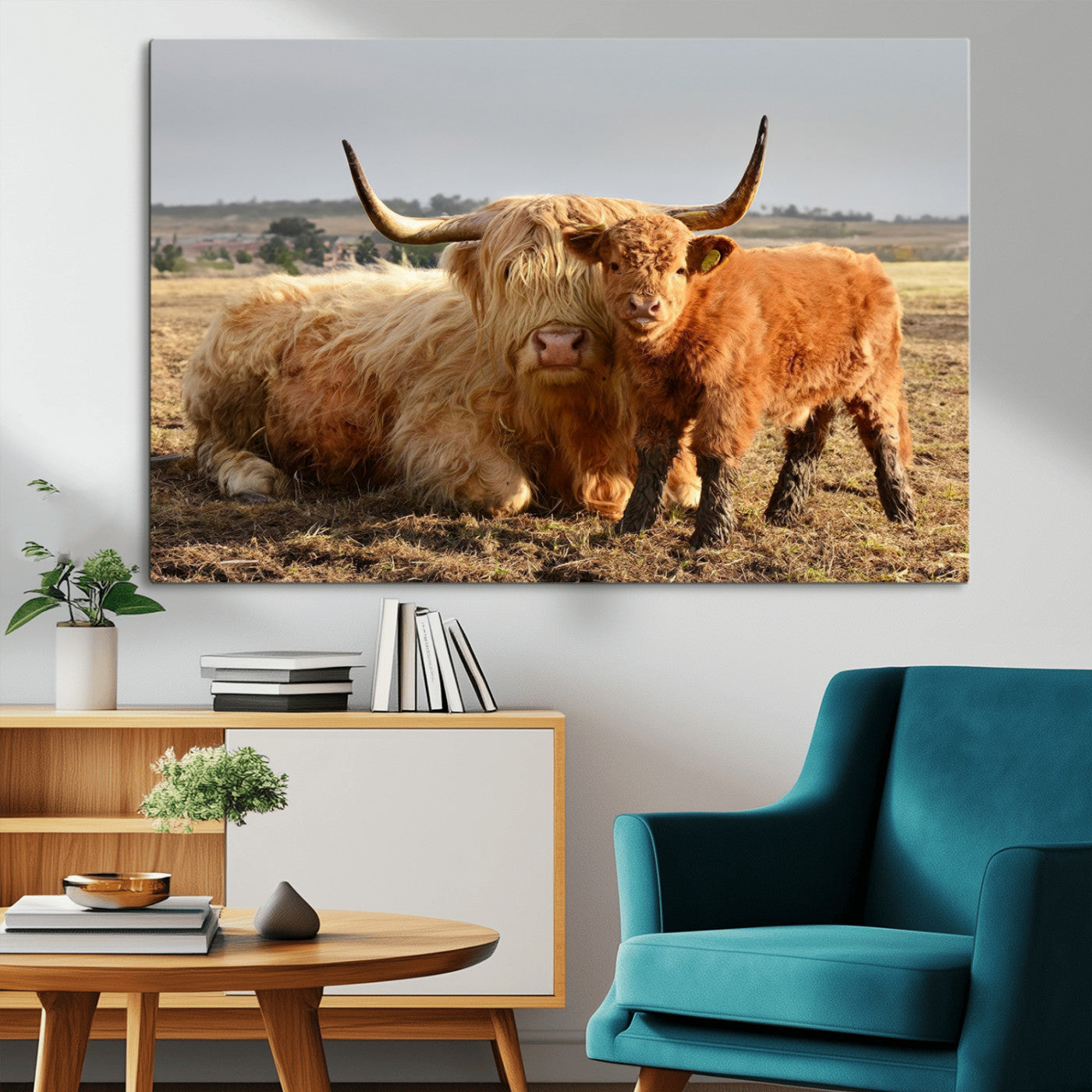 53461-MGV-CV-36X24-Highland Cow Family Wall Art – Rustic Farmhouse Animal Canvas Print, Country Decor for Living Room, Bedroom or Office, Calf and