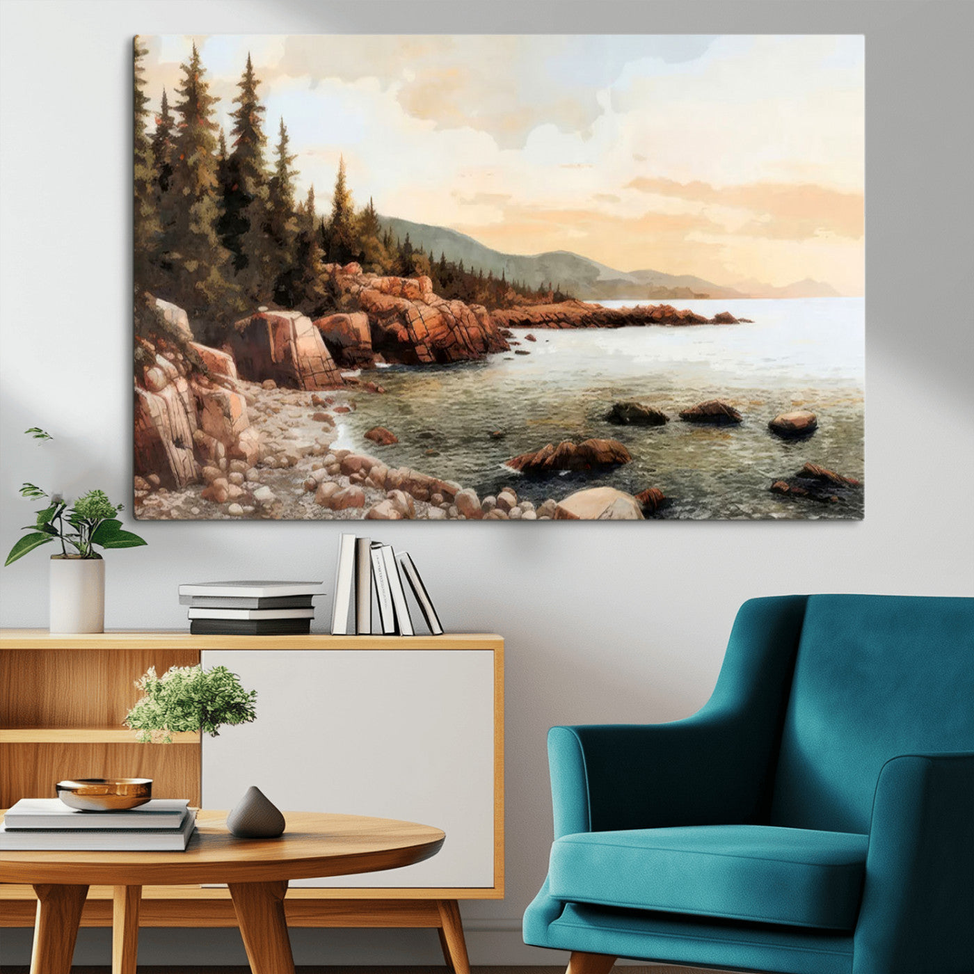 77145-MGV-CV-36X24-Coastal Landscape Wall Art – Panoramic Rocky Shoreline and Pine Trees Canvas Print, Rustic Nature Decor for Cabin, Lodge, Office,