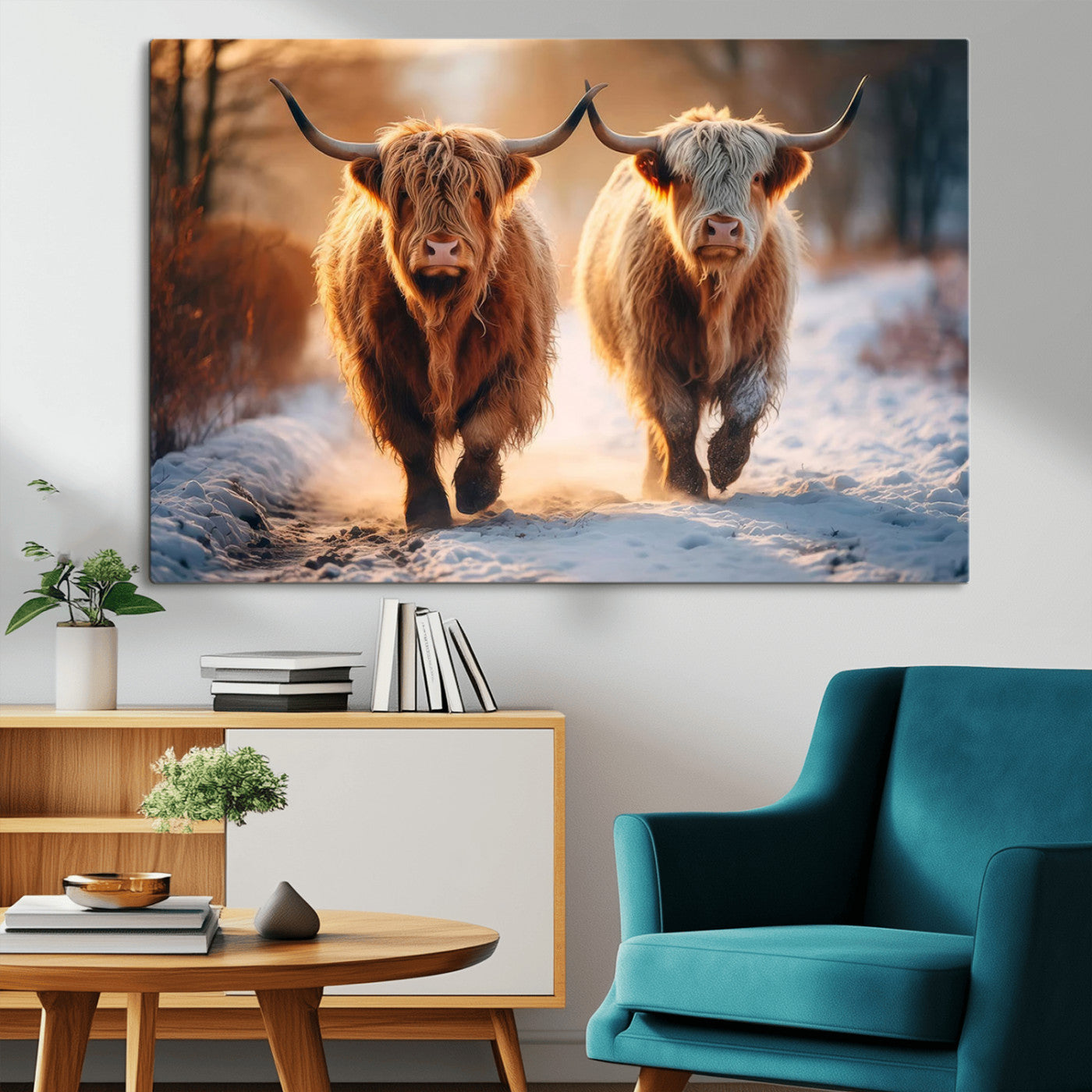 50490-MGV-CV-36X24-Highland Cow Wall Art – Rustic Panoramic Canvas Print Two Cattle Snowy Landscape, Farmhouse Country Decor for Living Room Office