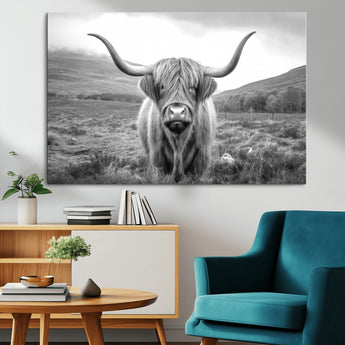 52903-MGV-CV-36X24-Highland Cow Wall Art – Black and White Canvas Print Rustic Cattle Portrait, Farmhouse Country Decor for Living Room, Office,