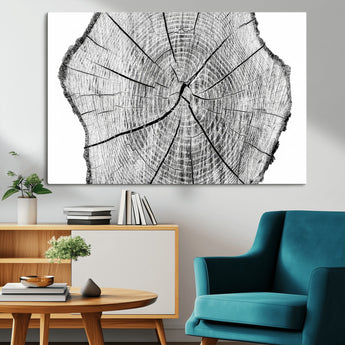 98709-MGV-CV-36X24-Tree Ring Wall Art – Black and White Canvas Print Rustic Wood Cross Section, Minimal Nature Inspired Decor for Living Room,