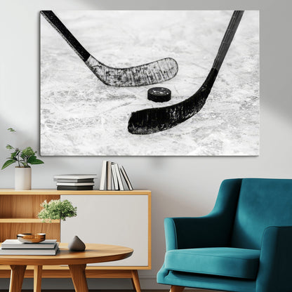 82900-MGV-CV-36X24-Hockey Wall Art – Black and White Canvas Print Ice Rink Sticks Puck Sports Photography, Modern Decor for Game Room, Man Cave,