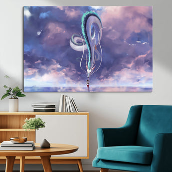 66864-MGV-CV-36X24-Fantasy Dragon Wall Art – Mystical Canvas Print Girl and Sky Serpent Dreamlike Clouds, Magical Anime Inspired Decor for Living