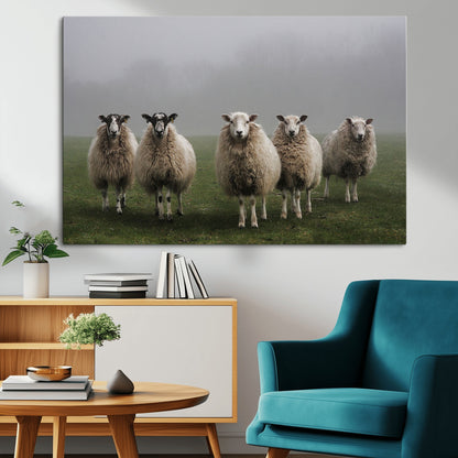 87339-MGV-CV-36X24-Sheep Wall Art – Rustic Farmhouse Canvas Print Flock Standing Misty Field Countryside Photography, Country Animal Decor for Living