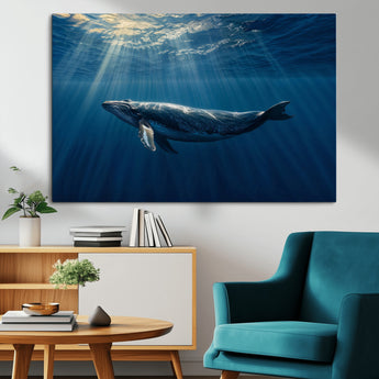 18052-MGV-CV-36X24-Whale Wall Art – Majestic Ocean Canvas Print Marine Life Underwater Sunlight Scene, Nautical Coastal Decor for Living Room,