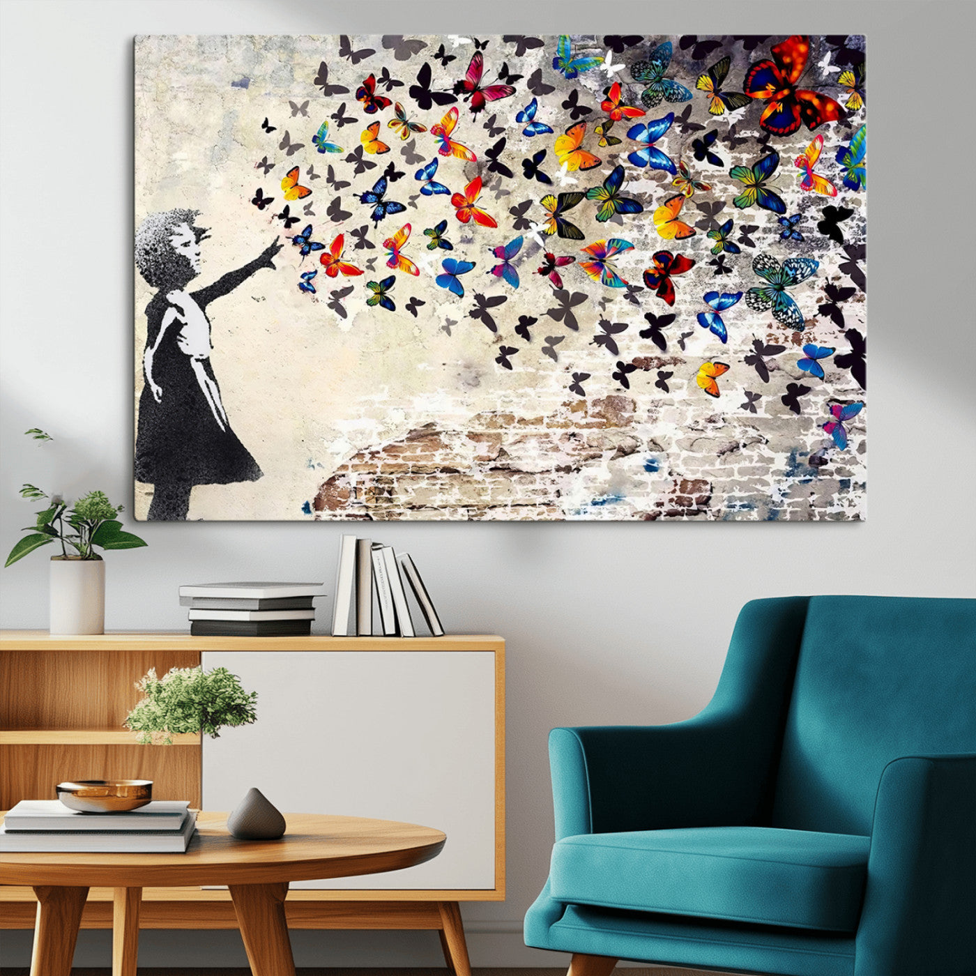 97895-MGV-CV-36X24-Girl with Butterflies Wall Art – Colorful Street Art Style Canvas Print, Modern Graffiti-Inspired Butterfly Artwork for Living