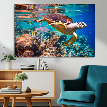 66614-MGV-CV-36X24-Sea Turtle Wall Art – Hawksbill Turtle Swimming Over Coral Reef Canvas Print, Ocean Marine Life Decor for Beach House, Coastal