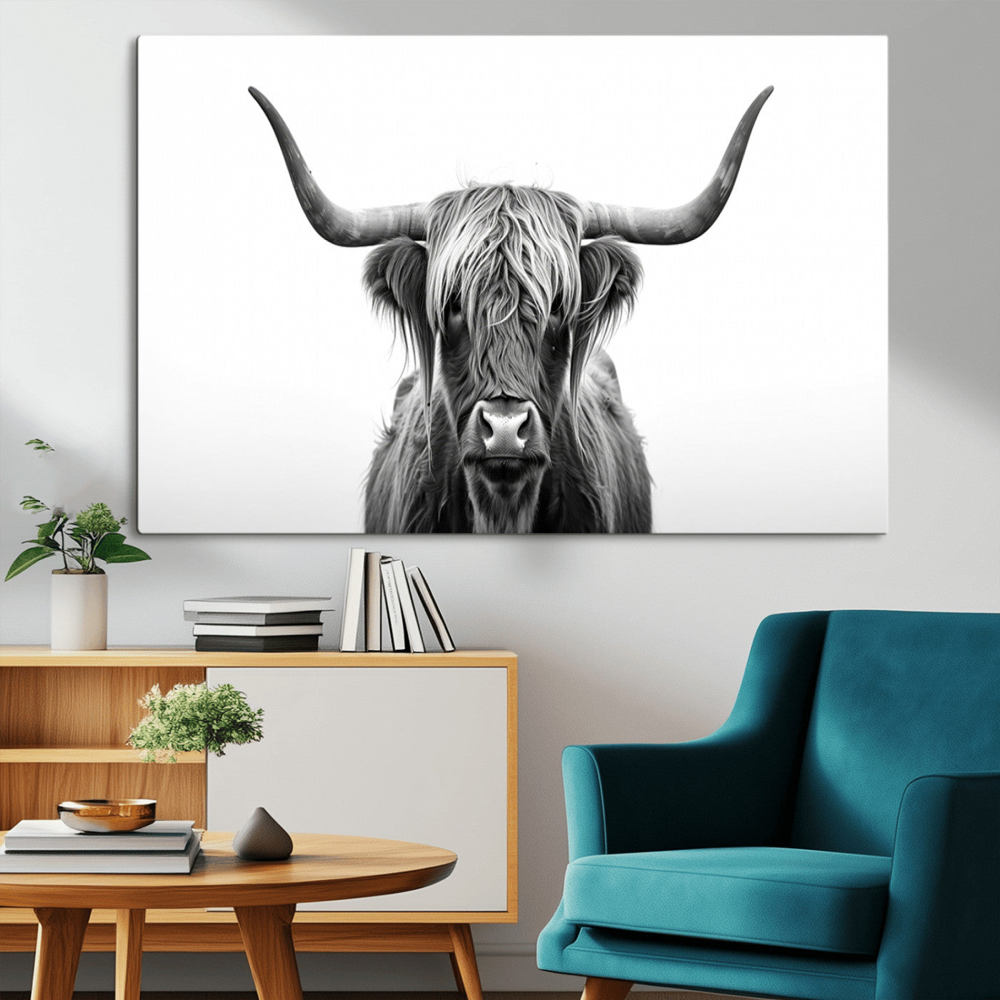 49556-MGV-CV-36X24-Highland Cow Wall Art – Black and White Scottish Highland Cattle Print, Rustic Farmhouse Minimalist Animal Portrait Canvas for