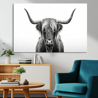 49556-MGV-CV-36X24-Highland Cow Wall Art – Black and White Scottish Highland Cattle Print, Rustic Farmhouse Minimalist Animal Portrait Canvas for