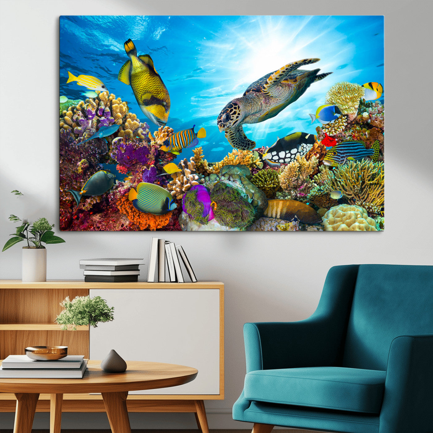 44772-MGV-CV-36X24-Underwater Sea Turtle Wall Art – Vibrant Coral Reef and Tropical Fish Canvas Print, Ocean Marine Life Decor for Living Room,