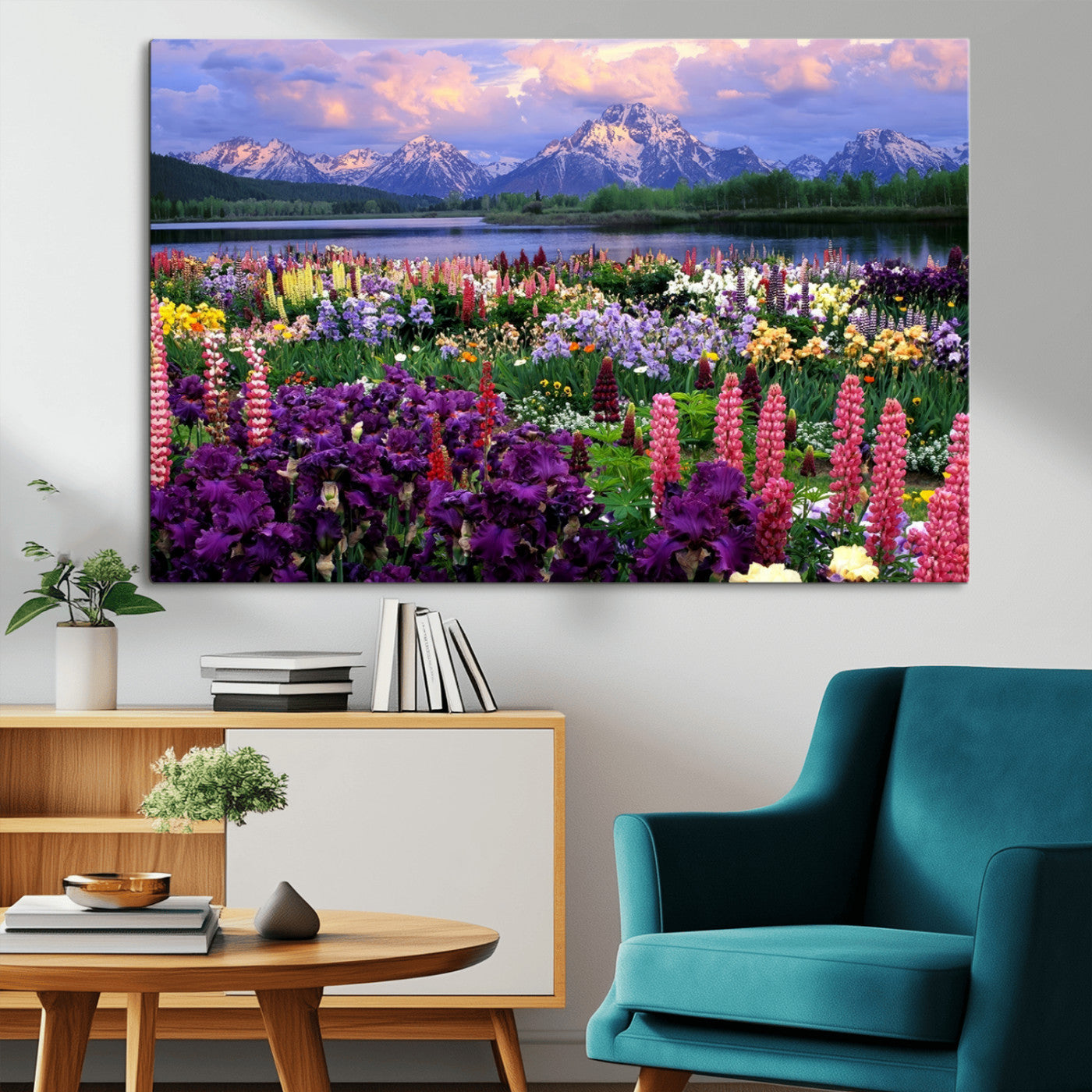 82270-MGV-CV-36X24-Colorful Wildflower Meadow Landscape Wall Art – Snow-Capped Mountain Lake Sunset Print, Vibrant Nature Artwork for Living Room,