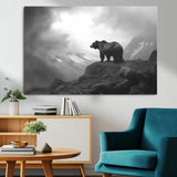 49504-MGV-CV-36X24-Black and White Grizzly Bear Wall Art – Wilderness Wildlife Painting, Rustic Mountain Cabin Decor, Monochrome Animal Print for